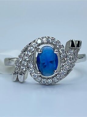 Swarovski Crystal Elements Sapphire Crystal Blue Halo Ring Sz 7.5